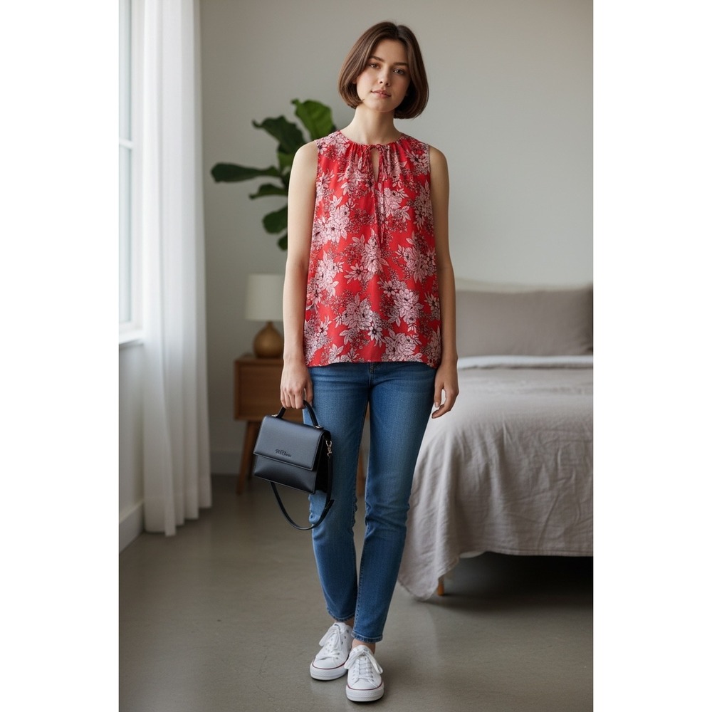 Vince Camuto XL Red Floral Sleeveless Blouse Pink Floral Keyhole Fully Lined EUC